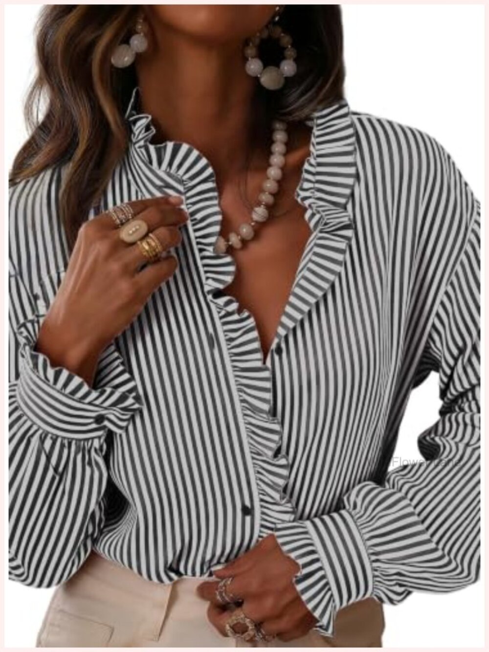 Plaid Ruffle V-Neck Button Down Blouse Women's Cotton Long Sleeve Office Shirt